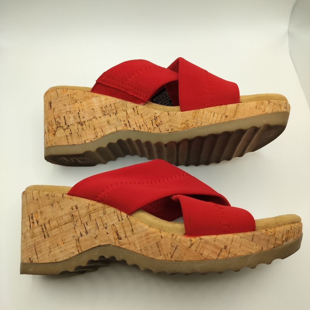 2/$30 Skechers Red Tan Wedge Cross Strap Slip On Sandals Womens‎ Size 7 Summer - Picture 5 of 13